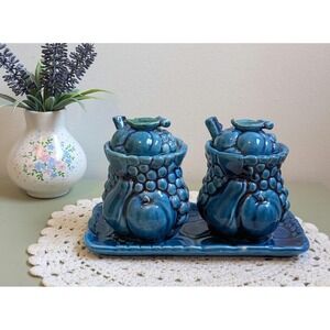 Vintage Blue Japanese Condiment Set With Tray, Fruit Motif Ceramic Cruet Set